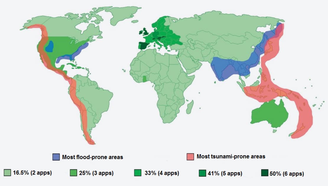 Figure 3. Map of flood exposure correlated with the number of available specialised applications for use in dealing with floods. Source: By the author using data from the Internal Displacement Monitoring Center (IDMC).